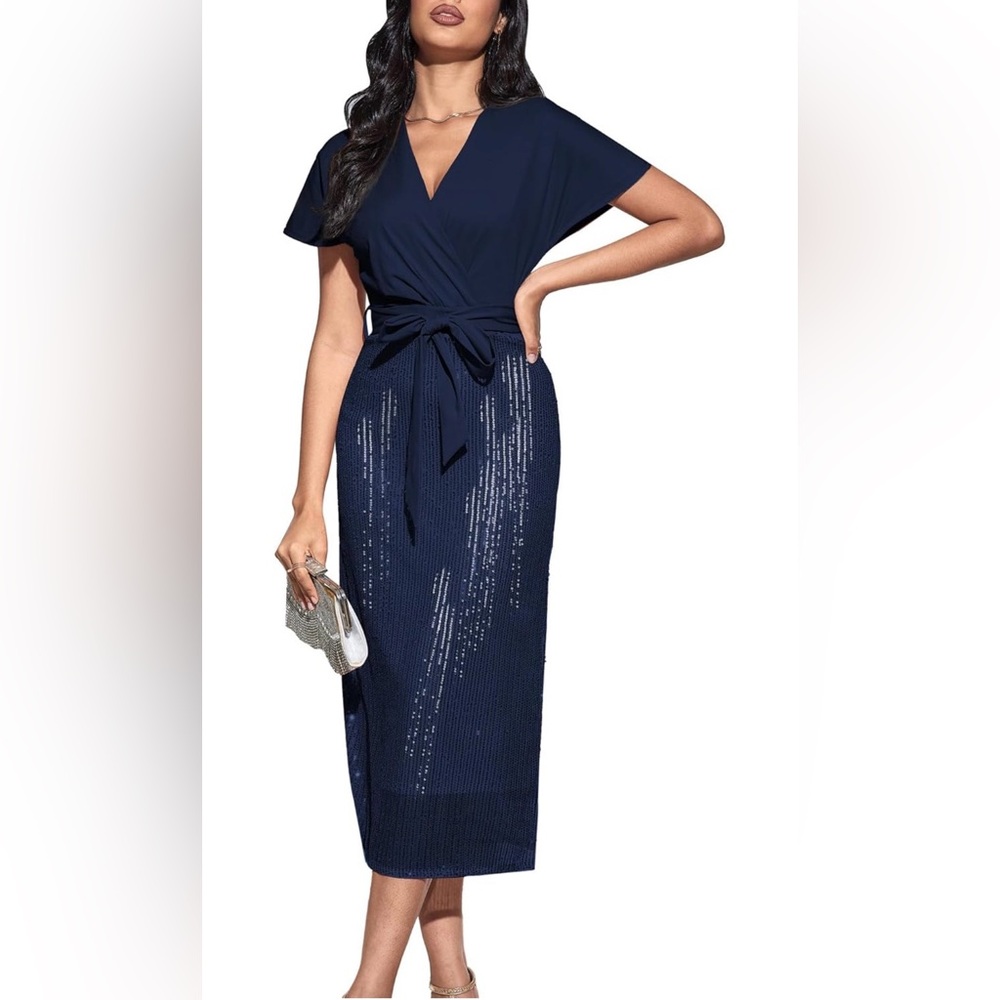 Grace Karin Women Navy Blue Sequin Wrap V-Neck Midi Dress Size S NEW
